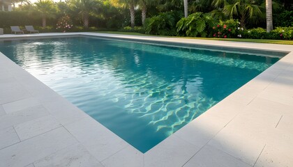 Obraz premium Residential large pool and greenery under bright sunlight representing a clean seasonal opening public pools concept for summer leisure and high-end real estate lifestyle