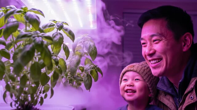 Asian man and boy observing hydroponic basil growth under purple LED lights with mist. Indoor vertical farming setup showing family engagement in modern agriculture