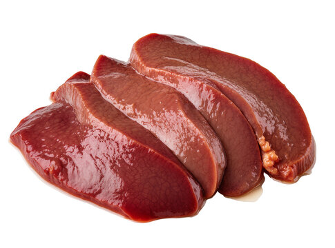 Isolated raw fresh beef liver slices, healthy protein source for cooking preparation