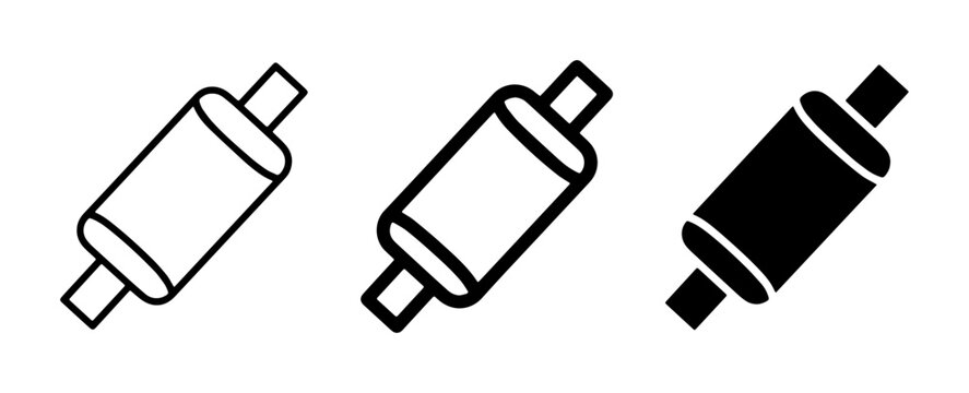 Three styles of muffler icons: outline, filled outline, and solid black, representing automotive exhaust components and vehicle maintenance symbols.
