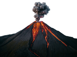 Isolated dramatic volcanic eruption with glowing lava flowing down dark mountain slopes © David