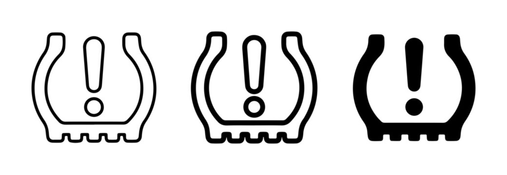 Tire Pressure Warning Light Icons, Car Dashboard Symbol, Low Tire Alert, Flat Tire Indicator, Automotive Warning Signal, Vector Set