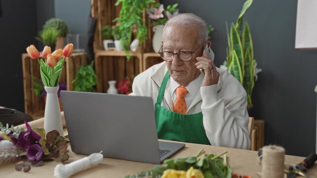 Man florist in green apron holds smartphone to ear and scrolls laptop keyboard while arranging tulips on a wooden counter inside a building; small business focused.