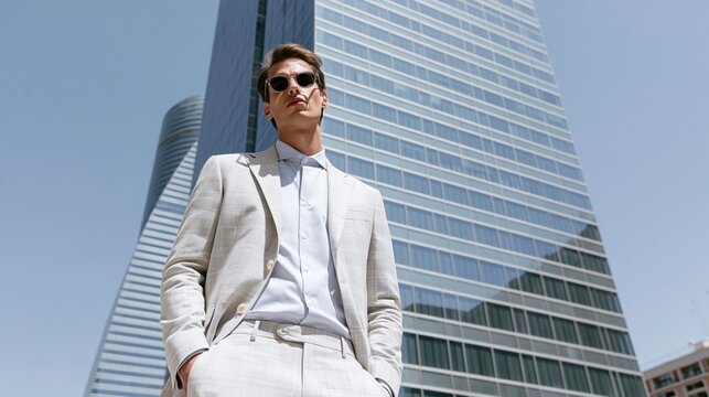 Un hombre posando con ropa de primavera en un entorno de ciudad