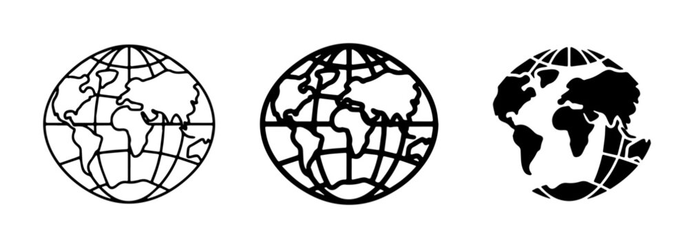 Global Earth Icons, World Map Graphics, Planet Sphere Symbols. Set of 3 stylized globe illustrations representing international concepts, travel, and connectivity.