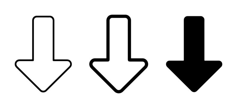 Three Downward Arrows Vector Set, Simple Outline and Solid Black Icons for Directional Navigation and Data Reduction Concepts