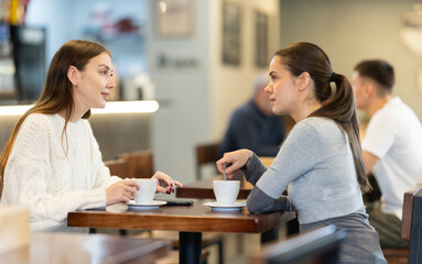 Fototapeta premium Two young women are chatting at a table in a coffee shop. Colleagues on a coffee break during work.