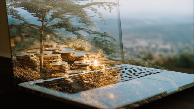 Tech-scape: A laptop screen displays a picturesque natural landscape, harmonizing technology with the serene world of outdoors. 