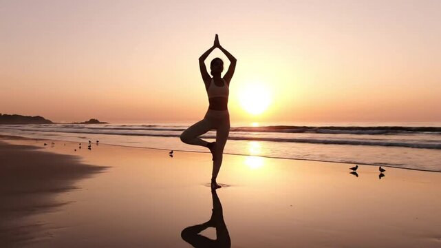 Serene yoga practice on a tranquil beach at sunset, a woman in tree pose embodies balance and peace amidst the gentle ocean waves and soft sands