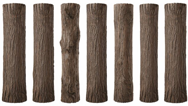Hyperrealistic Set of Rustic Tree Trunks with Detailed Bark Textures Isolated on White Background