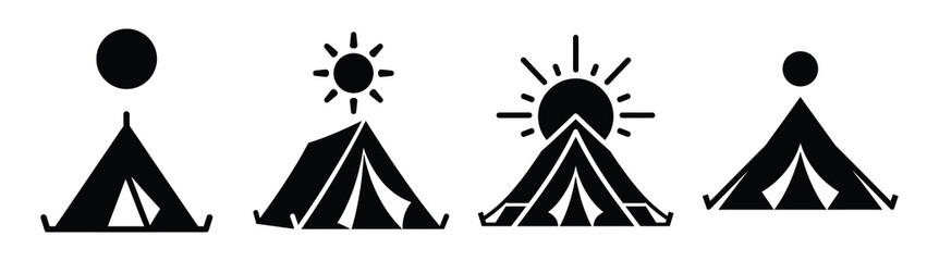 Collection of black summer camping tent under silhouette simple vector icon set and summer icons concept. © Shilpy