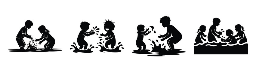 Collection of black summer children playing water silhouette simple vector icon set and summer icons concept.