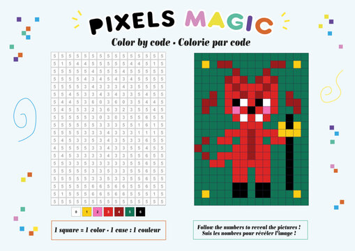 Pixel &agrave; colorier, coloriage num&eacute;rot&eacute;, petit d&eacute;mon mignon d'Halloween