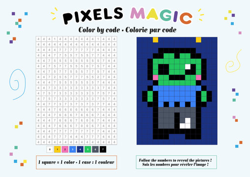 Pixel &agrave; colorier, coloriage num&eacute;rot&eacute;, zombie mignon style Halloween