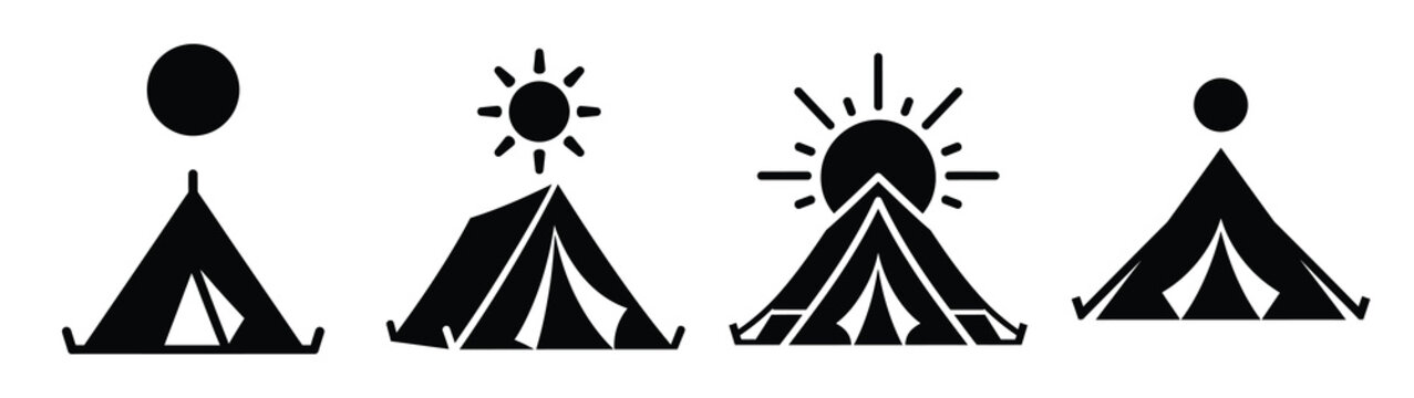 Collection of black summer camping tent under silhouette simple vector icon set and summer icons concept.