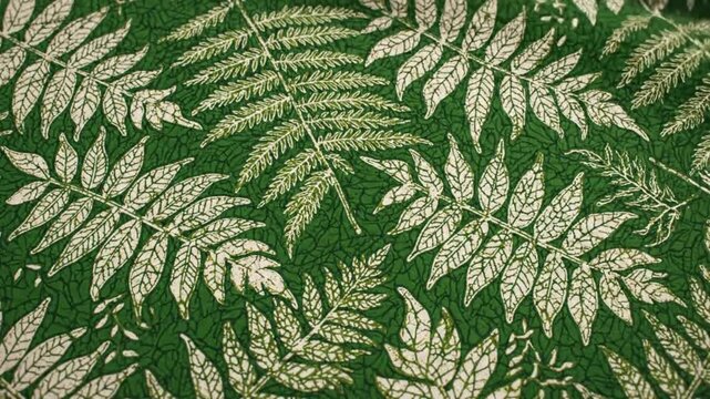 An intricate, repeating pattern of pale green fern fronds against a dark green background, creating a textured and organic visual