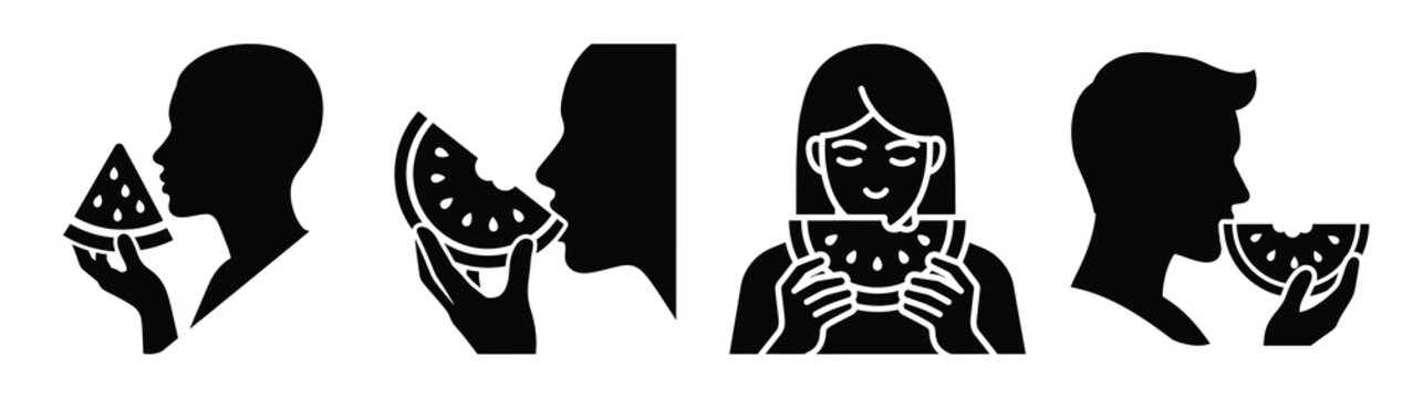 Collection of black summer eating watermelon silhouette simple vector icon set and summer icons concept.