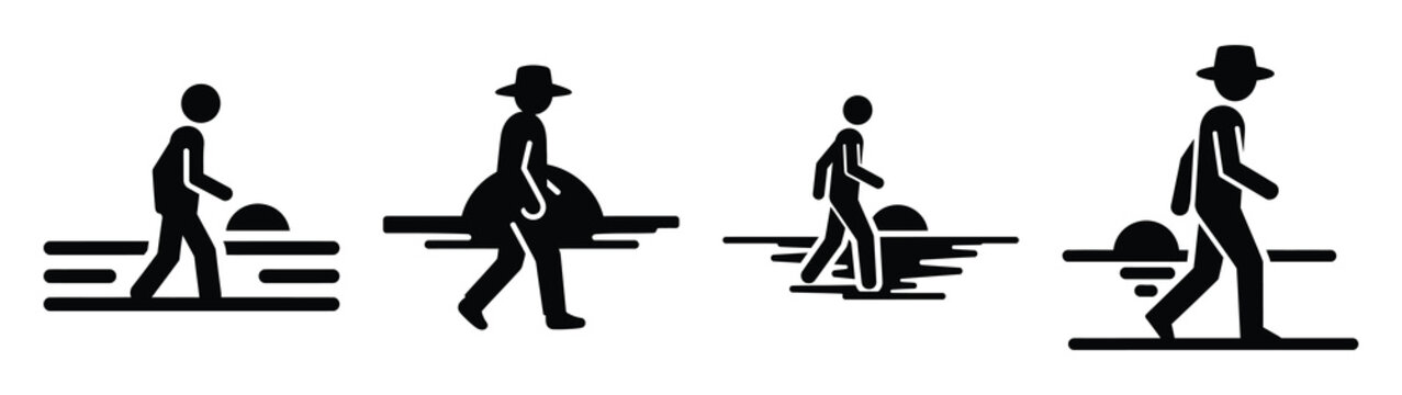Collection of black summer evening beach walk silhouette simple vector icon set and summer icons concept.