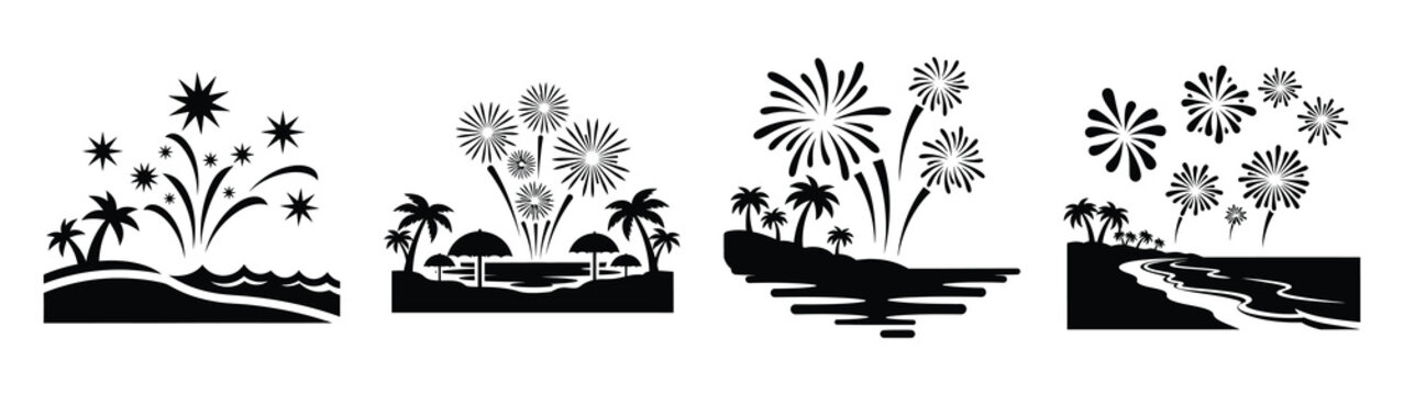 Collection of black summer fireworks at beach silhouette simple vector icon set and summer icons concept.