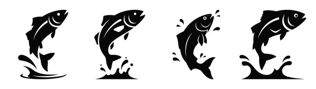 Collection of black summer fish jumping silhouette simple vector icon set and summer icons concept.