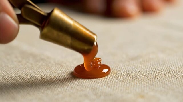 Close-up of molten caramel being dripped onto a textured surface, highlighting its glossy sheen and viscous flow