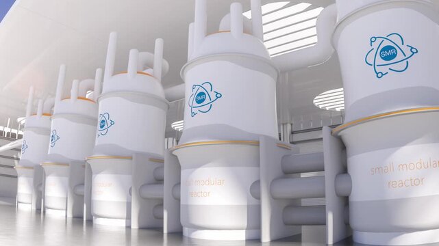 concept of a SMR small modular nuclear reactor power plant on a sunny day. SMR is a future energy concept. 3d rendering.