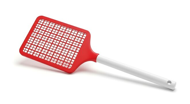 Red Plastic Fly Swatter Lying on Clean White Background