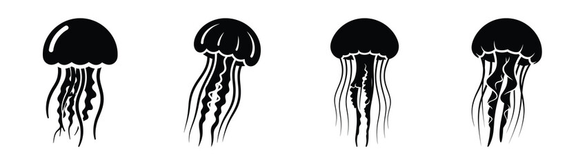 Collection of black summer jellyfish floating silhouette simple vector icon set and summer icons concept. © Shilpy