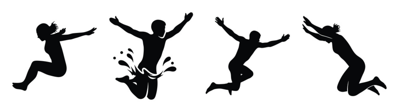 Collection of black summer jumping into pool silhouette simple vector icon set and summer icons concept.