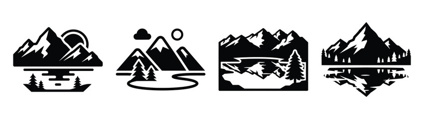 Fototapeta premium Collection of black summer mountain lake silhouette simple vector icon set and summer icons concept.