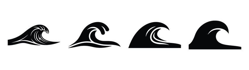 Naklejka premium Collection of black summer ocean wave curl silhouette simple vector icon set and summer icons concept.