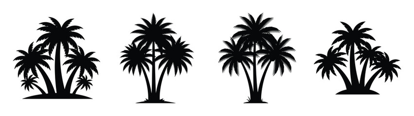 Fototapeta premium Collection of black summer palm tree cluster silhouette simple vector icon set and summer icons concept.