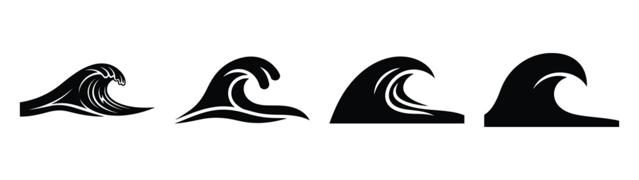 Collection of black summer ocean wave curl silhouette simple vector icon set and summer icons concept.