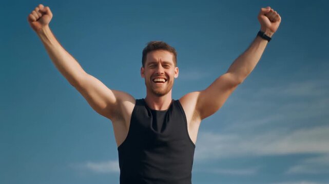 Joyful athlete celebrating victory and success outdoors