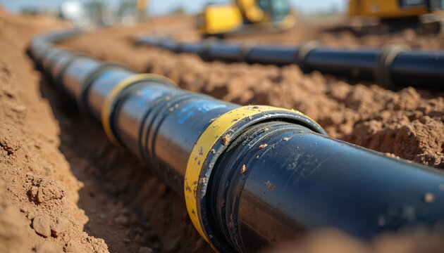 Black plastic water pipe sections join in dirt trench at construction site. Yellow markers on pipes detail installation info. Excavator works nearby.