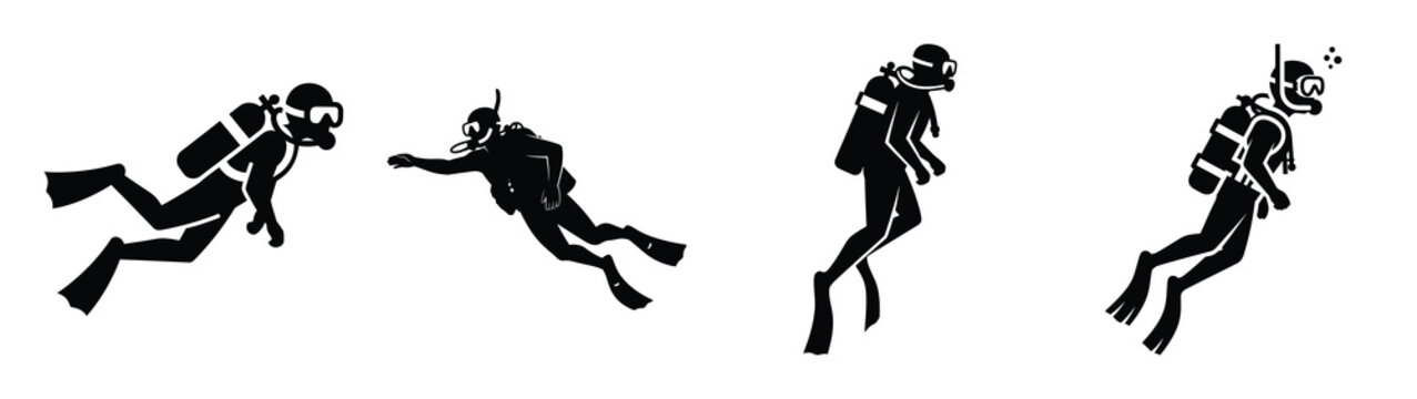 Collection of black summer scuba diver silhouette simple vector icon set and summer icons concept.