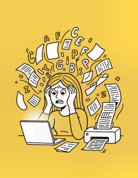 Funny office doodle illustration of a stressed worker sitting at a computer with hands on head, while papers and faxes fly wildly from printers.