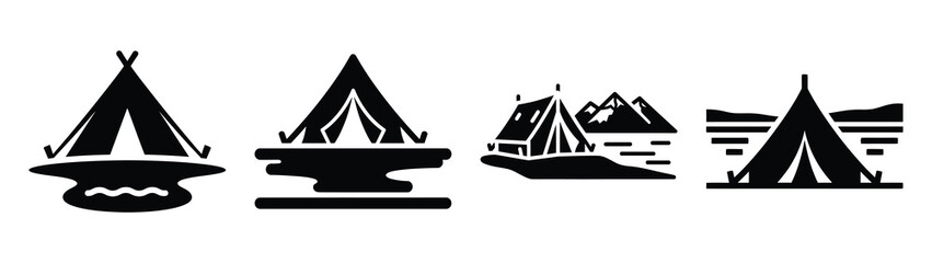 Collection of black summer tent near lake silhouette simple vector icon set and summer icons concept. © Shilpy