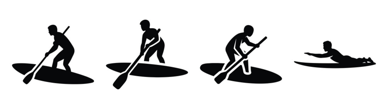 Collection of black summer surfer paddling silhouette simple vector icon set and summer icons concept.