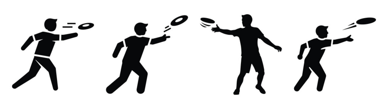 Collection of black summer throwing frisbee silhouette simple vector icon set and summer icons concept.