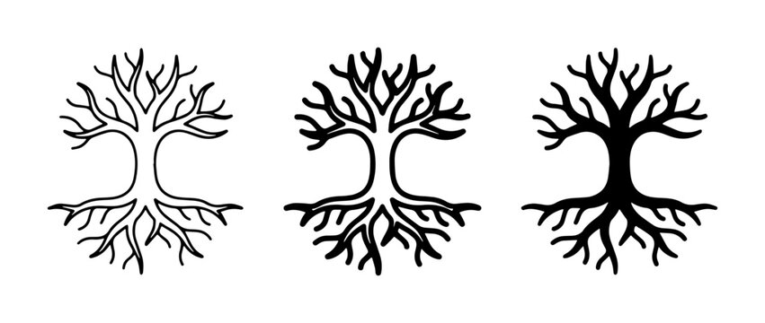 Three Stylized Tree of Life Vector Icons, Black and White, Root System Symbolism, Genealogy and Growth Concepts