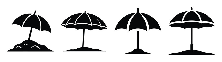 Collection of black summer umbrella in sand silhouette simple vector icon set and summer icons concept. © Shilpy