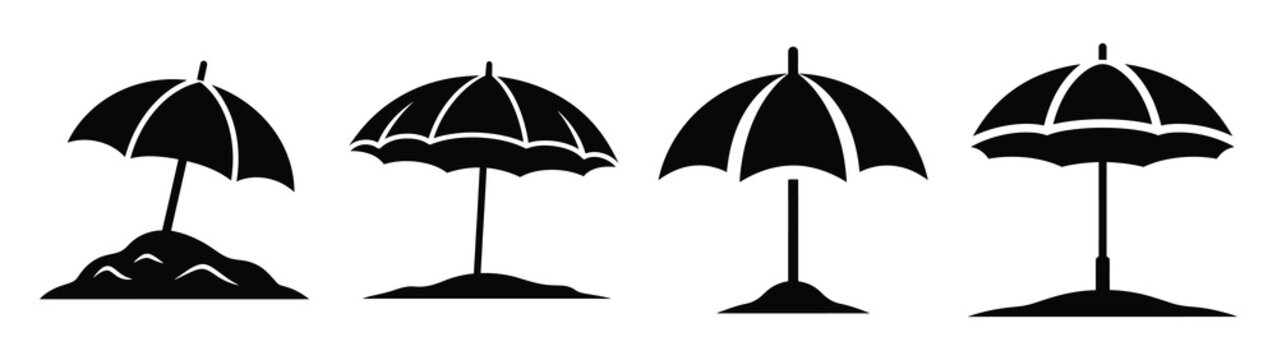 Collection of black summer umbrella in sand silhouette simple vector icon set and summer icons concept.