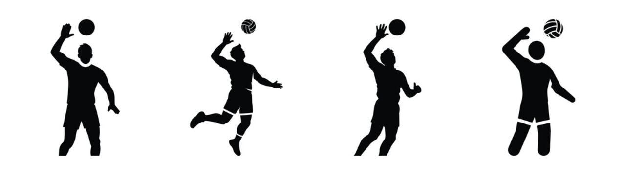Collection of black summer volleyball spike silhouette simple vector icon set and summer icons concept.