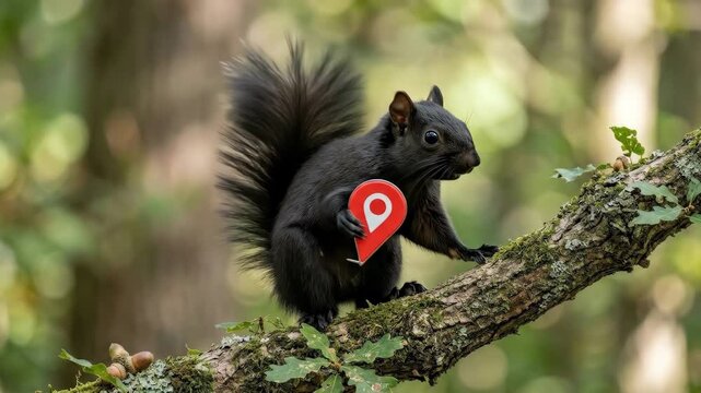 Black squirrel holding a red location pin, whimsical wildlife concept with playful composition and strong visual contrast, clean background, detailed fur texture, realistic finish, no logos