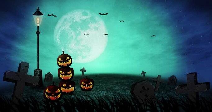 Stacked jack-o-lanterns and a single pumpkin in a haunted graveyard under a glowing full moon and lamppost.