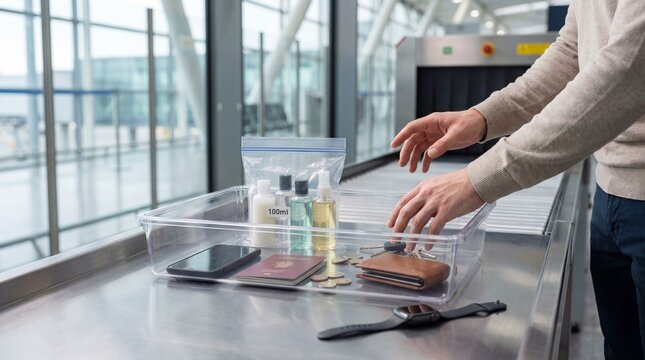 Male traveler placing personal belongings passport wallet phone keys liquids into transparent security tray at modern airport checkpoint