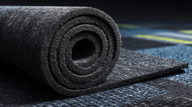 Rolled black acoustic insulation mat with textured surface in dramatic lighting on industrial background.