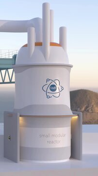 concept of a SMR small modular nuclear reactor power plant on a sunny day. SMR is a future energy concept. 3d rendering. Vertical Video