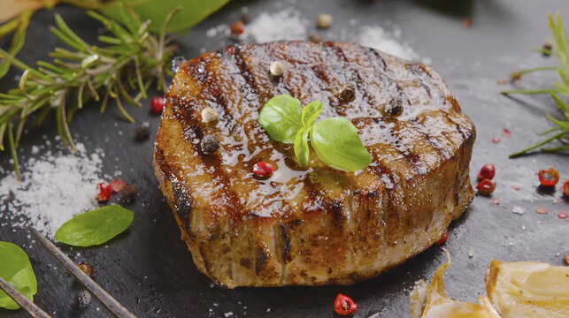 Juicy grilled steak fillet with perfect char marks on a dark slate board. Seasoned with peppercorns, sea salt, and fresh herbs. High-quality food photography for culinary and restaurant branding.